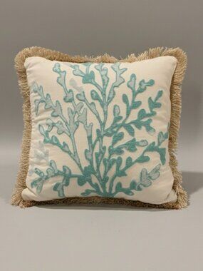 Decorative Fringe Square Pillow with Sea Coral Reef Design 100% Cotton